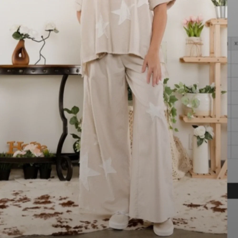 Blue Velvet “ Stillwater “ Blue Velvet Linen PANTS With Star Patch Detail BR50